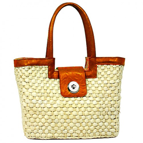 Straw Satchel: Corn Husk w/ Leather-like Trim & Handles - Orange - BG-B10015A-OG